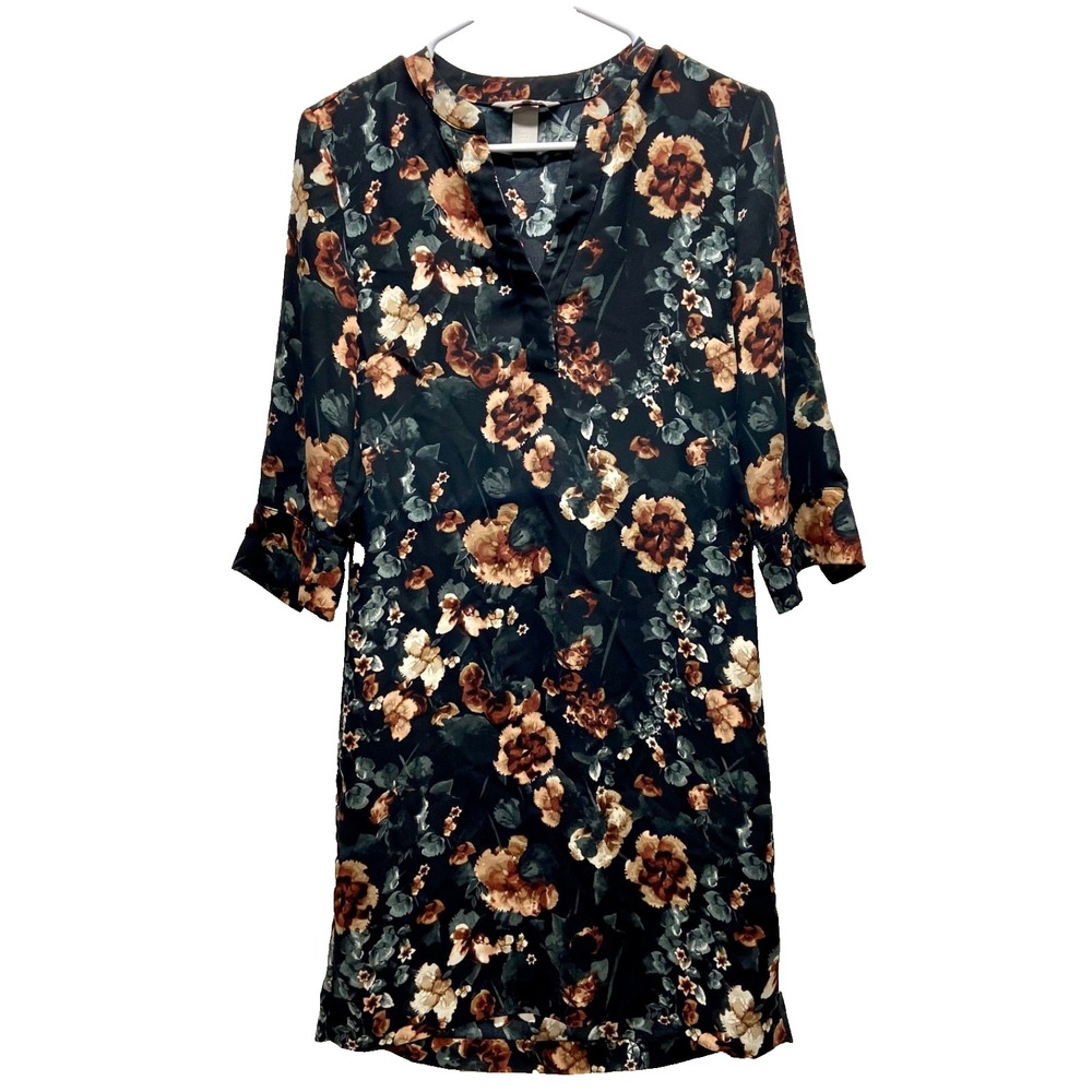 H&M Mini Shift Dress Women's 0 Black Floral 3/4 Sleeve V-Neck Career Casual EUC